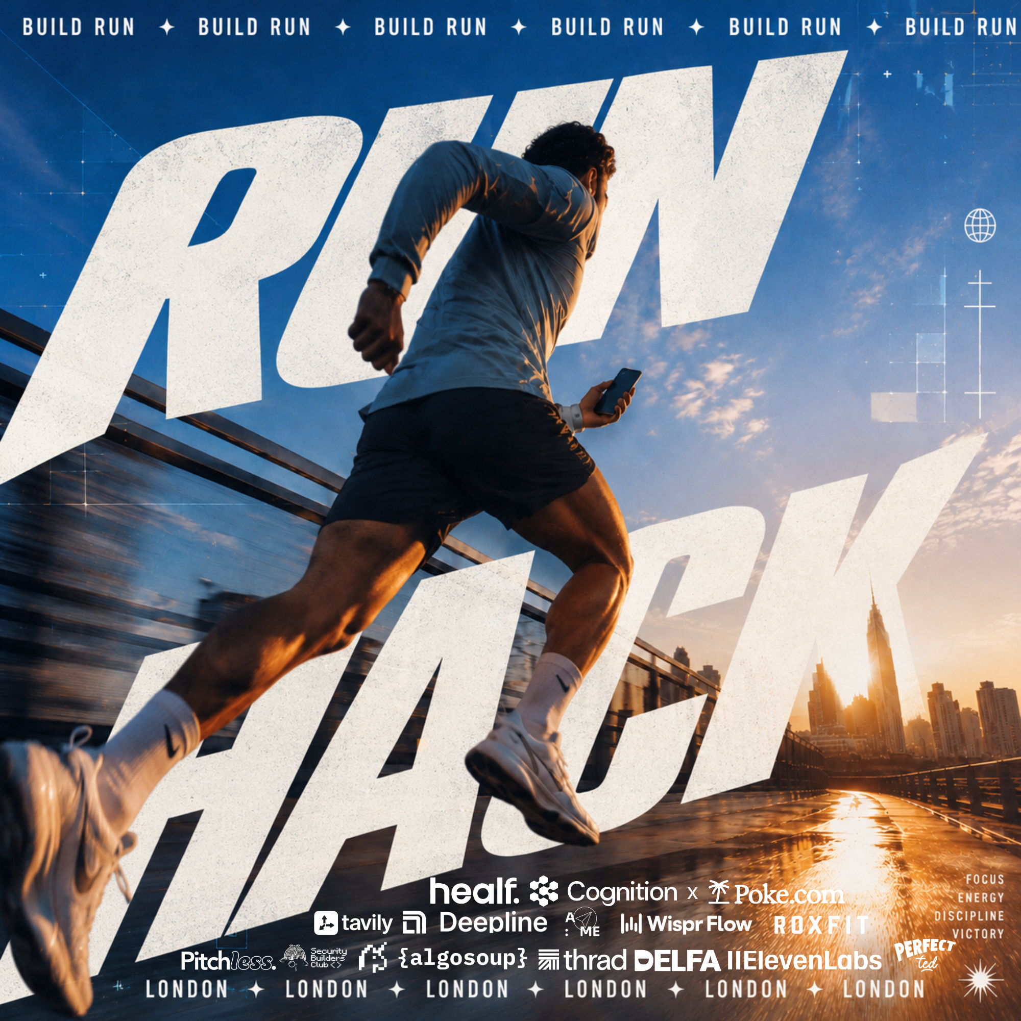 RUN/HACK campaign poster: a runner viewed from behind in motion, phone in hand, under the RUN/HACK lockup